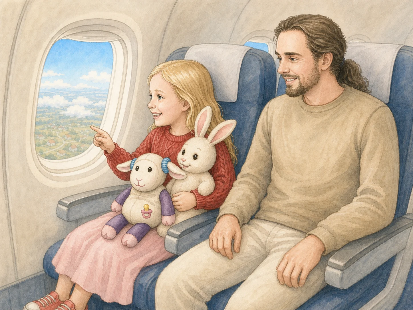 Emma und Papa mit den Kuscheltieren im Flugzeug